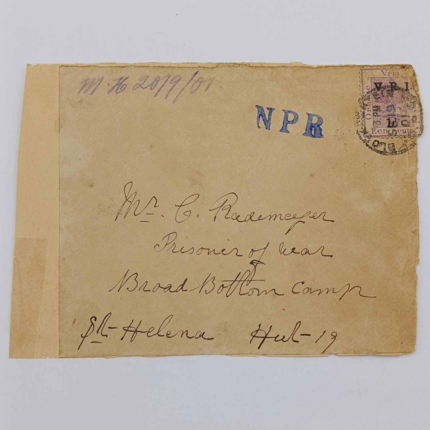 Pair of Boer War POW Cover fronts stuck back to back one from Bloemfontein Free State to A Baumann, Deadwood Camp, St Helena 1901