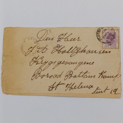 Pair of Boer War POW Cover fronts stuck back to back one from Heilbron, Free State to BJ van Biljon Deadwood Camp, St Helena and the other from Bloemfontein, Free State to JA Holtzhauzen