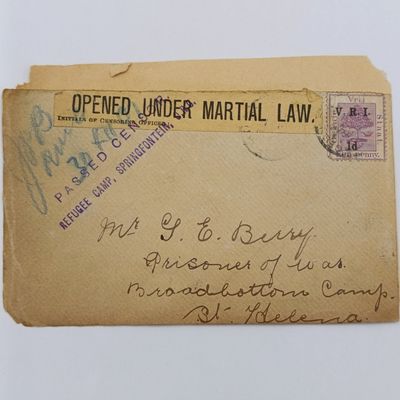Pair of Boer War POW Cover fronts stuck back to back - one from Winburg, Orange River Colony 1901 to P van Biljon, Deadwood Camp, St Helena