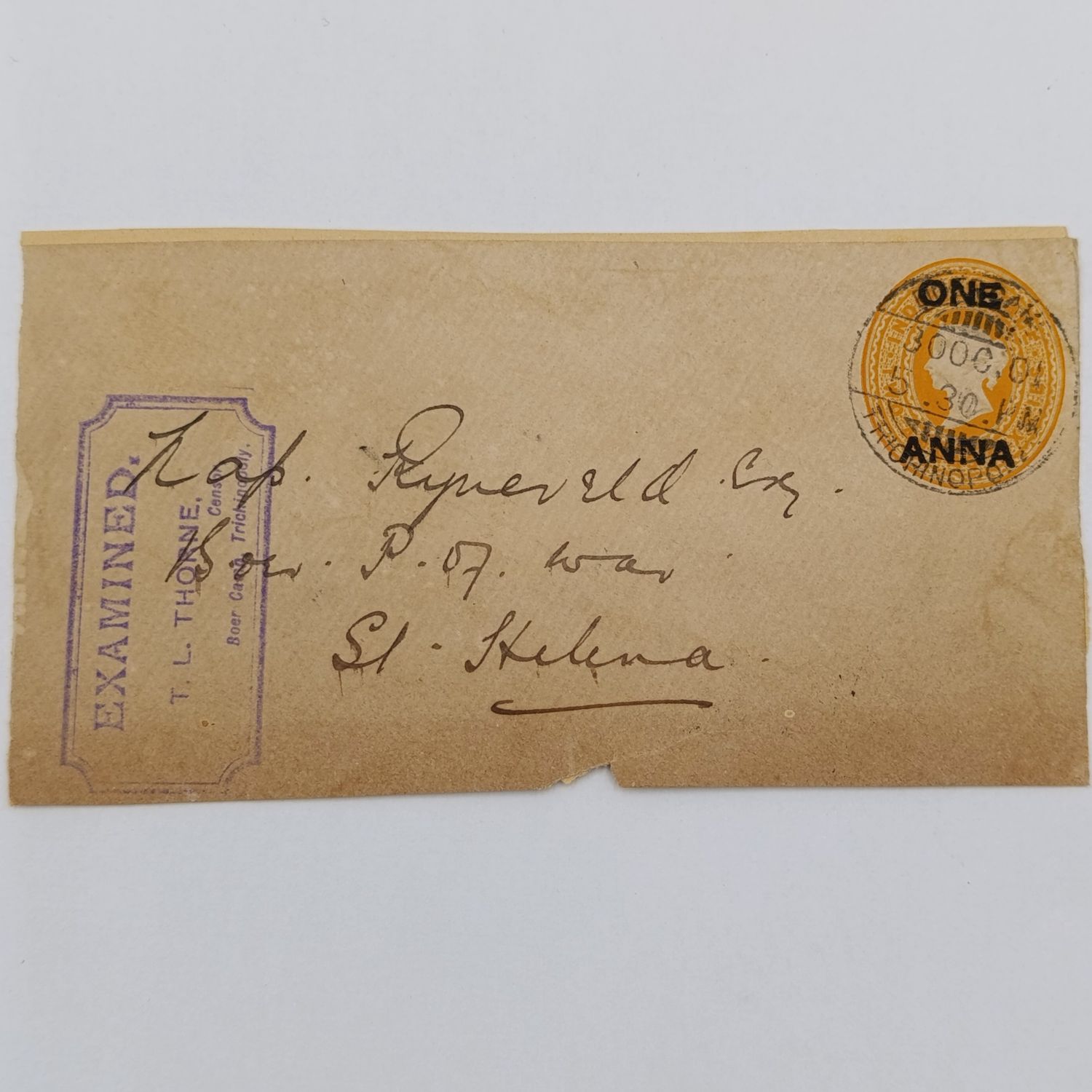 Boer War POW cover to Cap Ryneveld Boer Prisoner of war St Helena with TL Thorne censor rubber stamp on pre printed card with one Anna pre printed postage