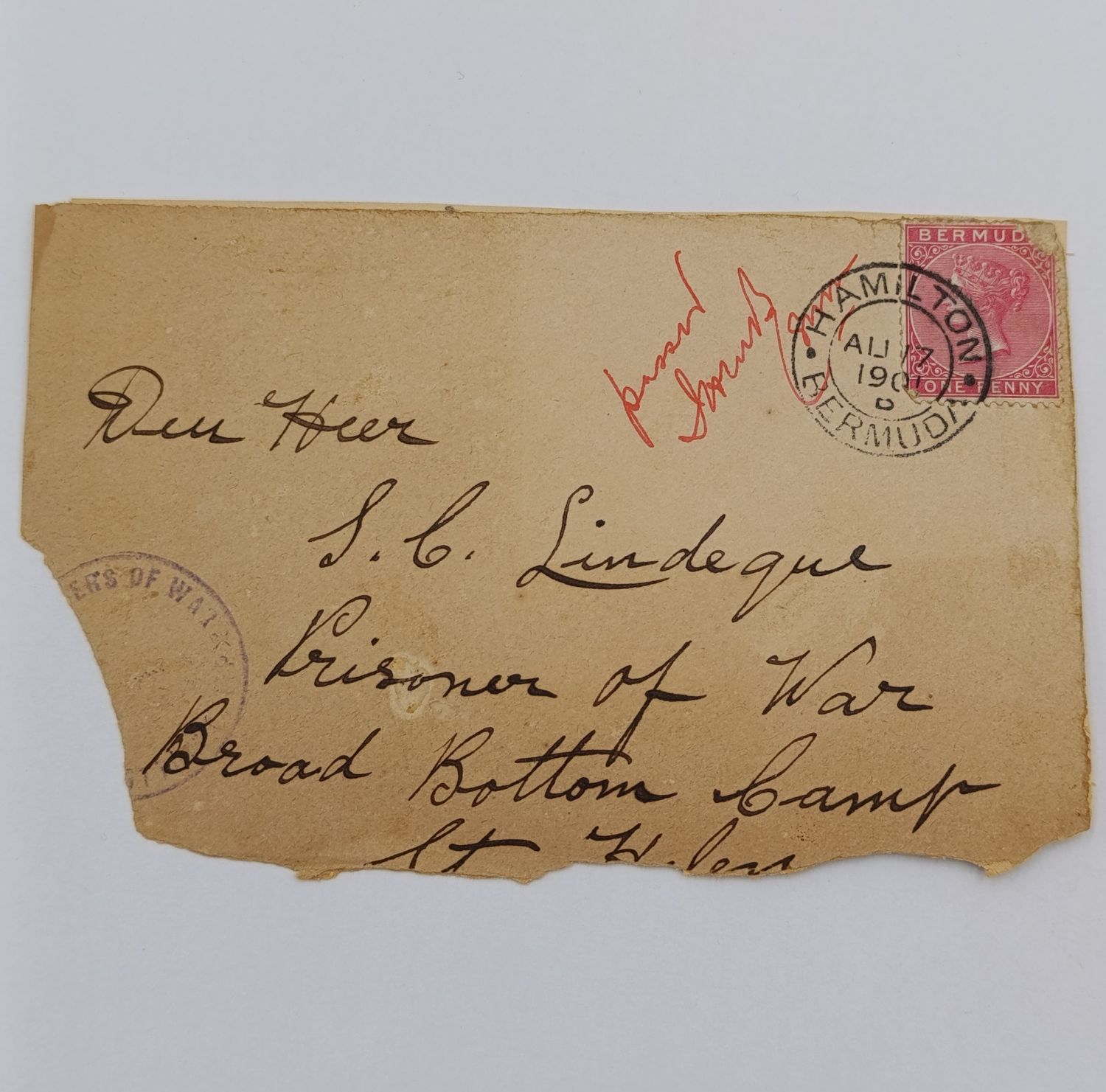 Boer War POW front covers stuck back to back - 1901 Hamilton Bermuda to SC Lindeque POW - Broad Bottom Camp St Helena and to HJ Pienaar POW Greenpoint Camp Damaged