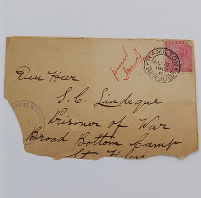 Boer War POW front covers stuck back to back - 1901 Hamilton Bermuda to SC Lindeque POW - Broad Bottom Camp St Helena and to HJ Pienaar POW Greenpoint Camp Damaged