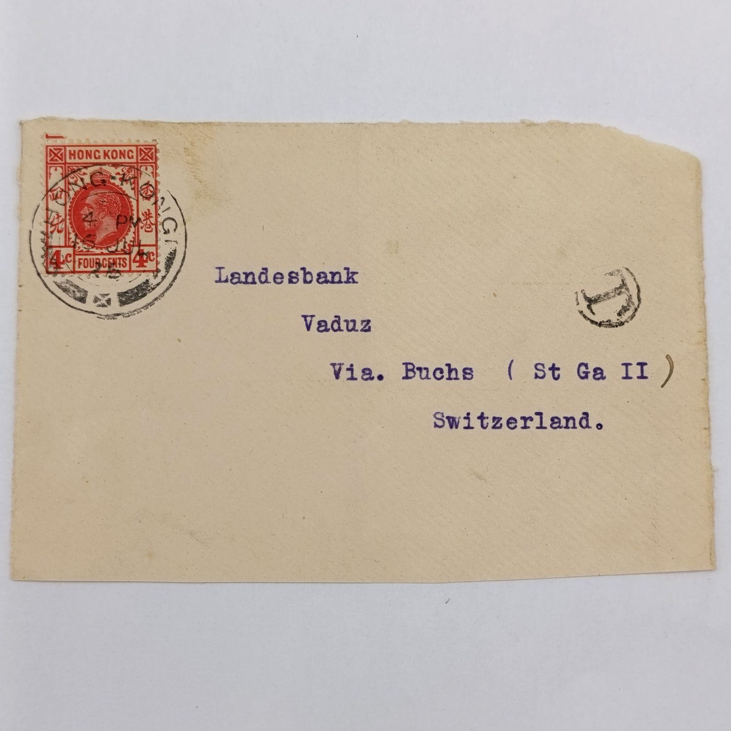 1925 Taxed postal front - Hong Kong to Switzerland with 4 Pence Hong Kong stamp cancelled 16 July 1925