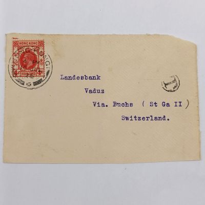 1925 Taxed postal front - Hong Kong to Switzerland with 4 Pence Hong Kong stamp cancelled 16 July 1925