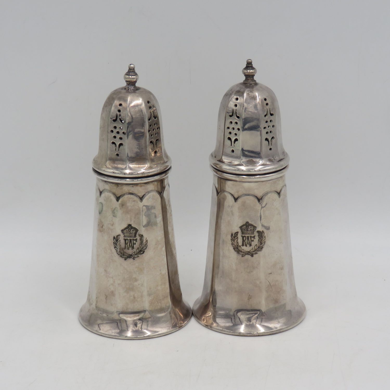 Pair of WW2 Royal Air Force silverplated sugar casters from officers mess in Singapore