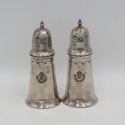 Pair of WW2 Royal Air Force silverplated sugar casters from officers mess in Singapore