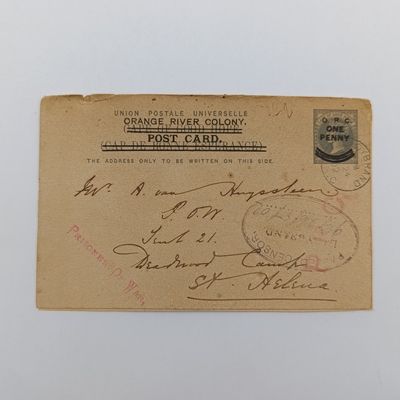 Boer War POW Cape of Good Hope card changed to Orange River Colony card sent to A van Huyssteen Deadwood Camp, St Helena 1902