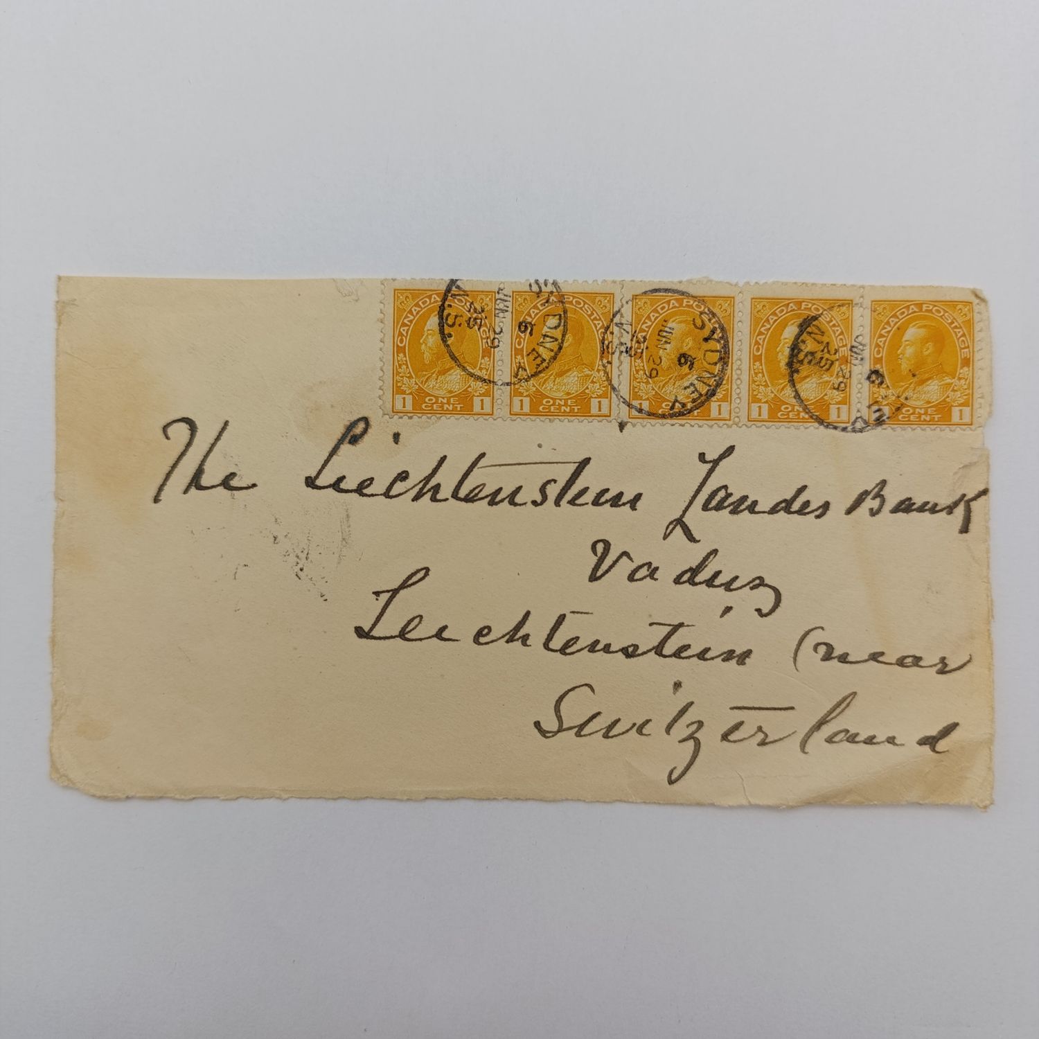 1925 Front sent from Sydney Canada (Nova Scotia) to Liechtenstein with 5x Canada 1 cent stamps