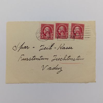 1925 USA front with 3 x 2c US stamps - sent to Liechtenstein