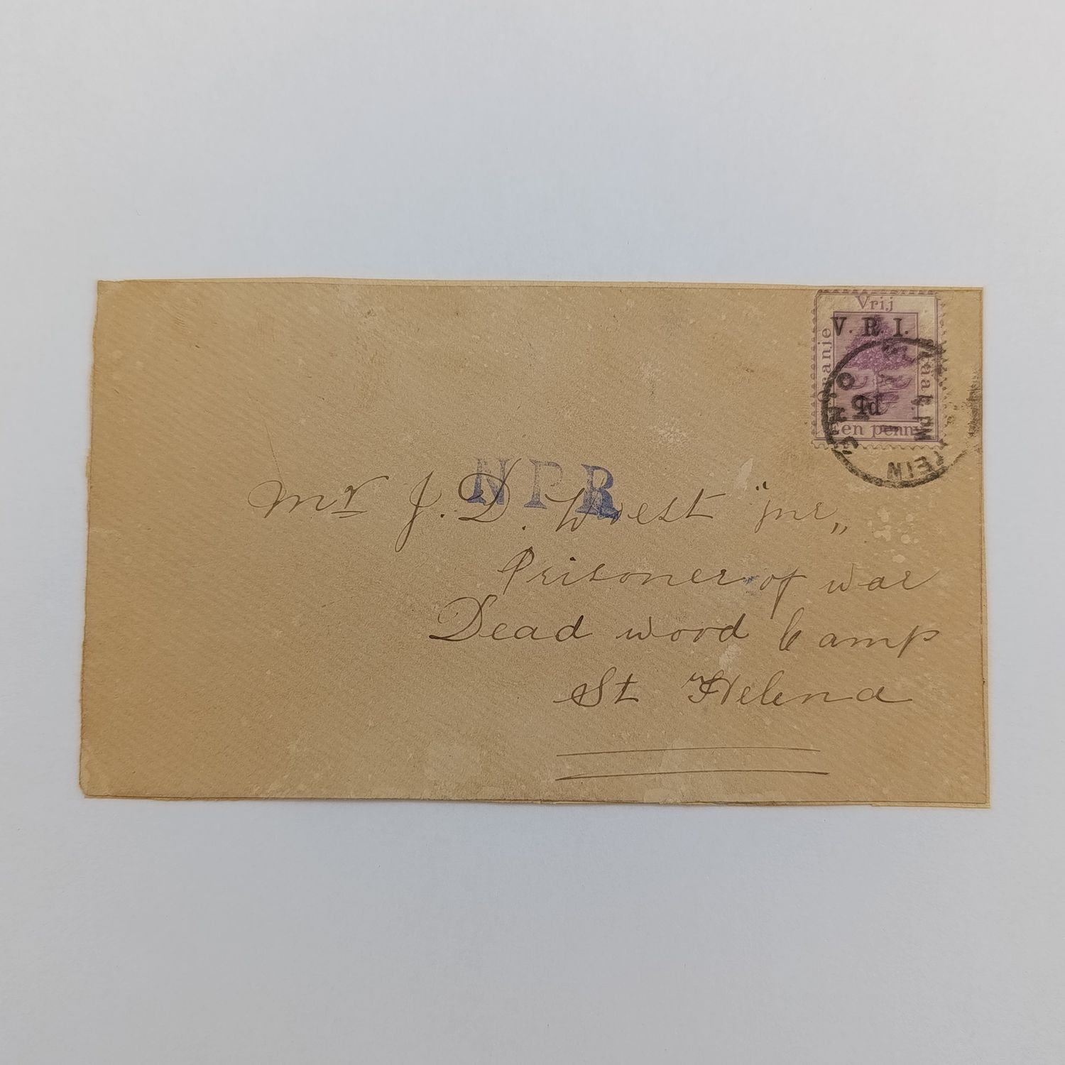 Boer War POW card stuck to paper - sent Bloemfontein to JD Woest Deadwood camp St Helena NFR rubber stamp