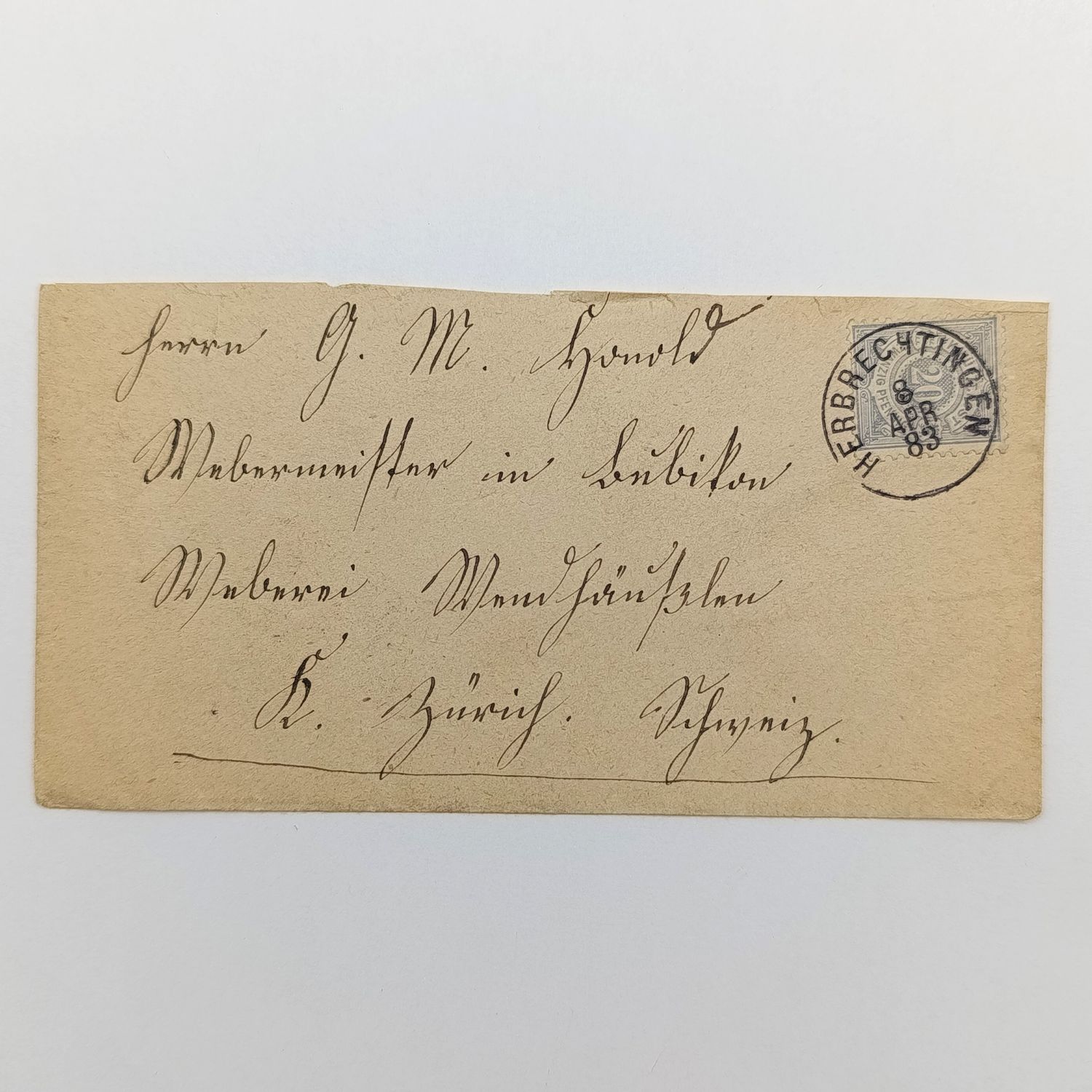 Letter sent from Herbrechtingen German Reich to Zurich Canton Switzerland 8th of April 1883 with Rorschach and Bubikon receiving cancels at the back - 20 pfennig German stamp used