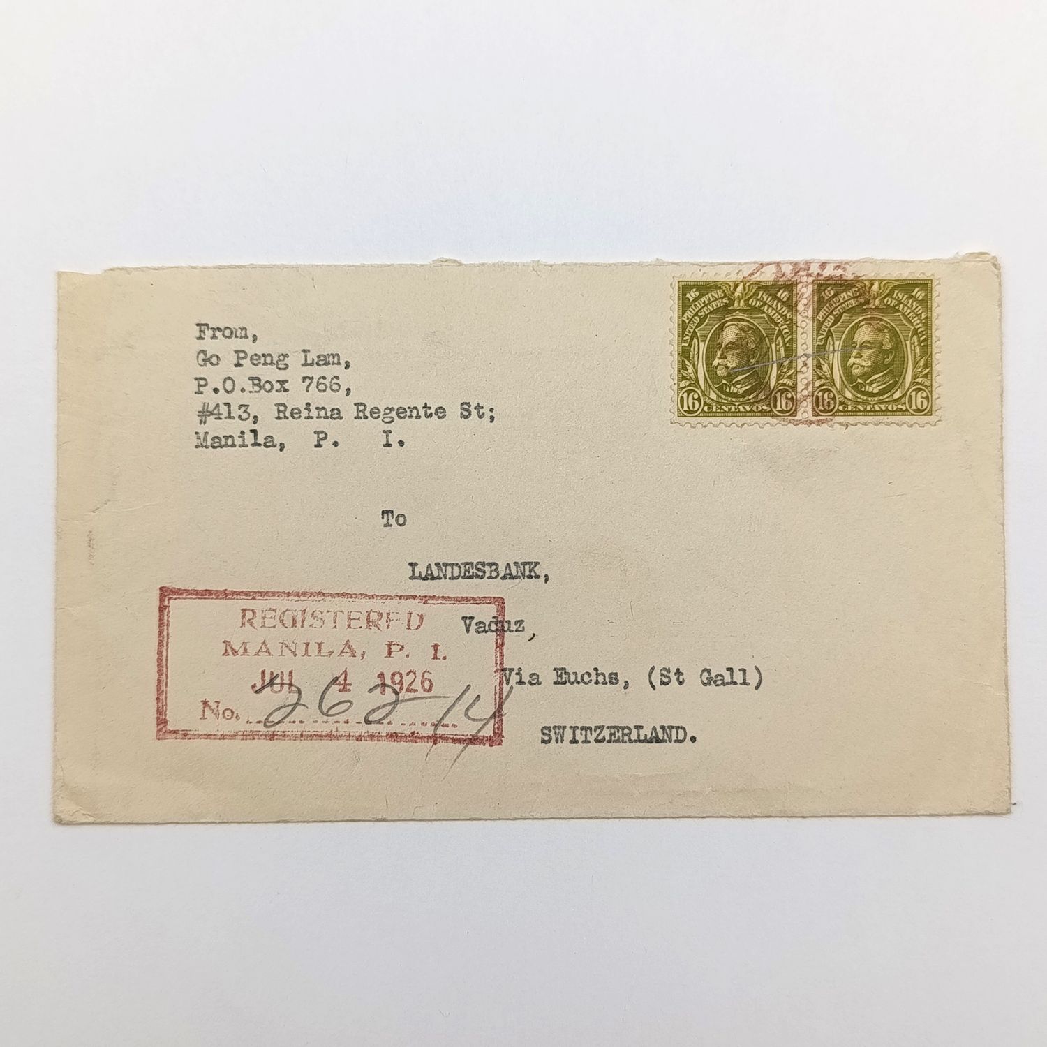 Registered 1926 letter from Manila Philippines to Switzerland 2 x 16 centavos stamps in front and sealed with 4 centavos stamp at the back - wine Red cancellations