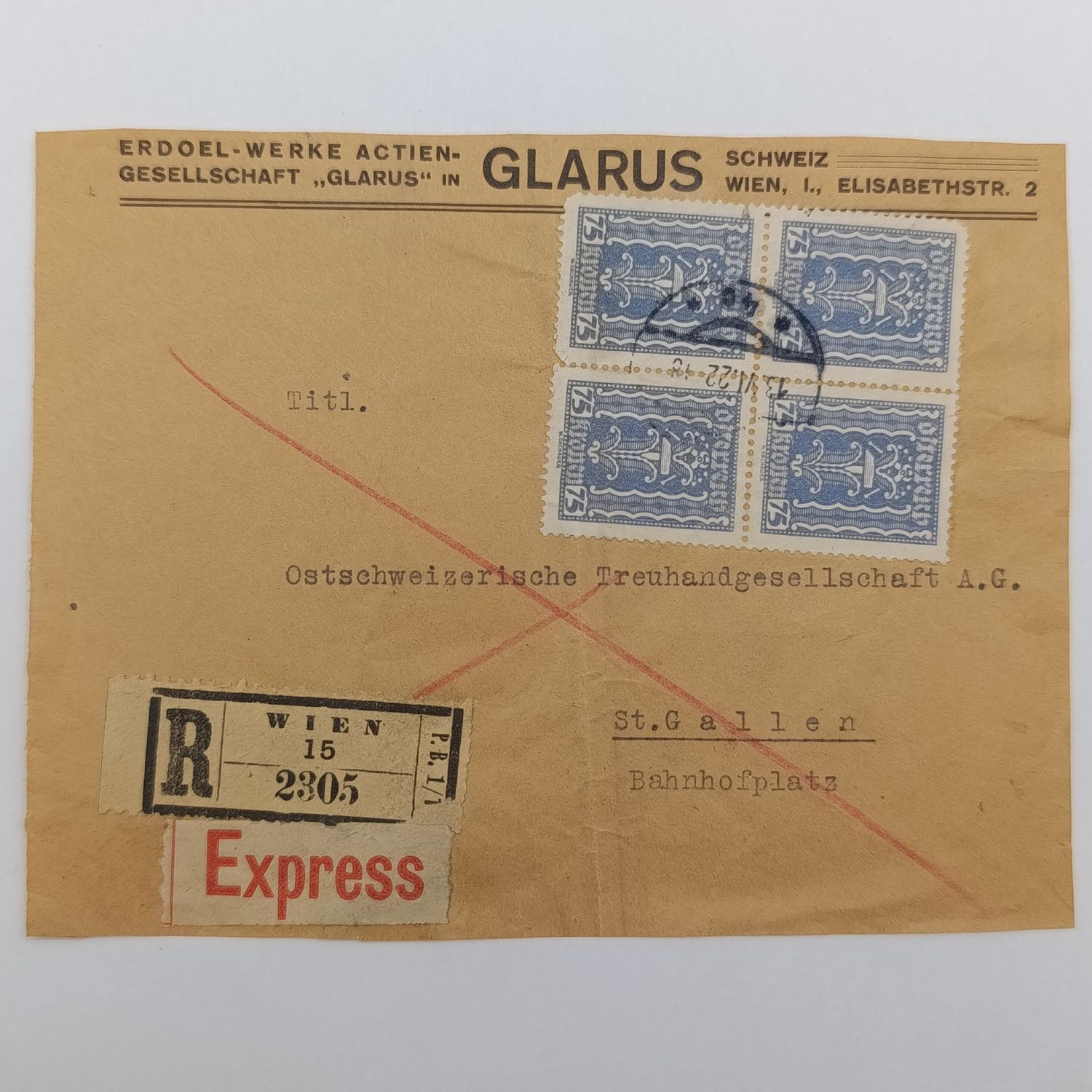 Letter front sent from Wien Austria to St Gallen, Switzerland 13/6/1922 with 4 Austrian 75 Kronen stamps - by Express registered mail