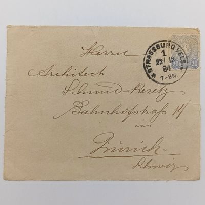 German Empire front sent from Strassburg to Zurich, Swiss Canton with 20 pfennig stamp cancelled 22/12/1884