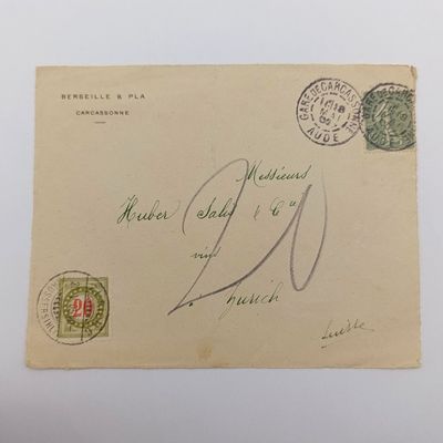 1905 letter from Gare de Carcasonne, France to Zurich, Swiss Canton with 15c French stamp cancelled 18 May 1905 plus Swiss 20c postage due stamp cancelled Zurich