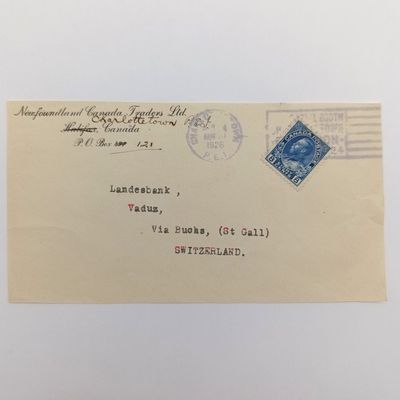 Postal Front sent from Charlottetown, Canada 1926 to Vadus, Switzerland with 8 cents Canadian stamp