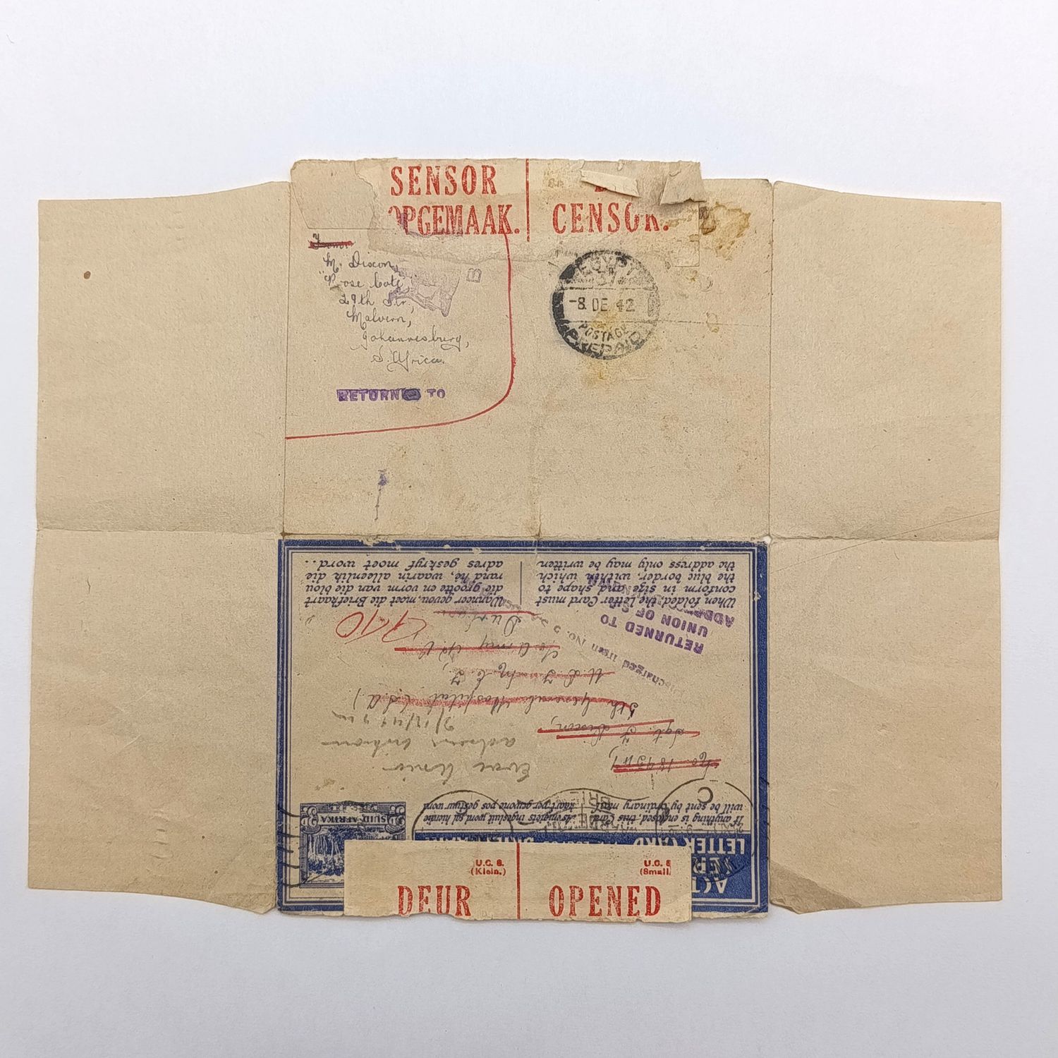 WW2  Censored letter with pre printed 3d postage posted to Sgt Dixon, 5th General Hosptal Durban and returned - various rubber stamps