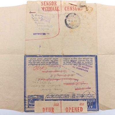 WW2  Censored letter with pre printed 3d postage posted to Sgt Dixon, 5th General Hosptal Durban and returned - various rubber stamps