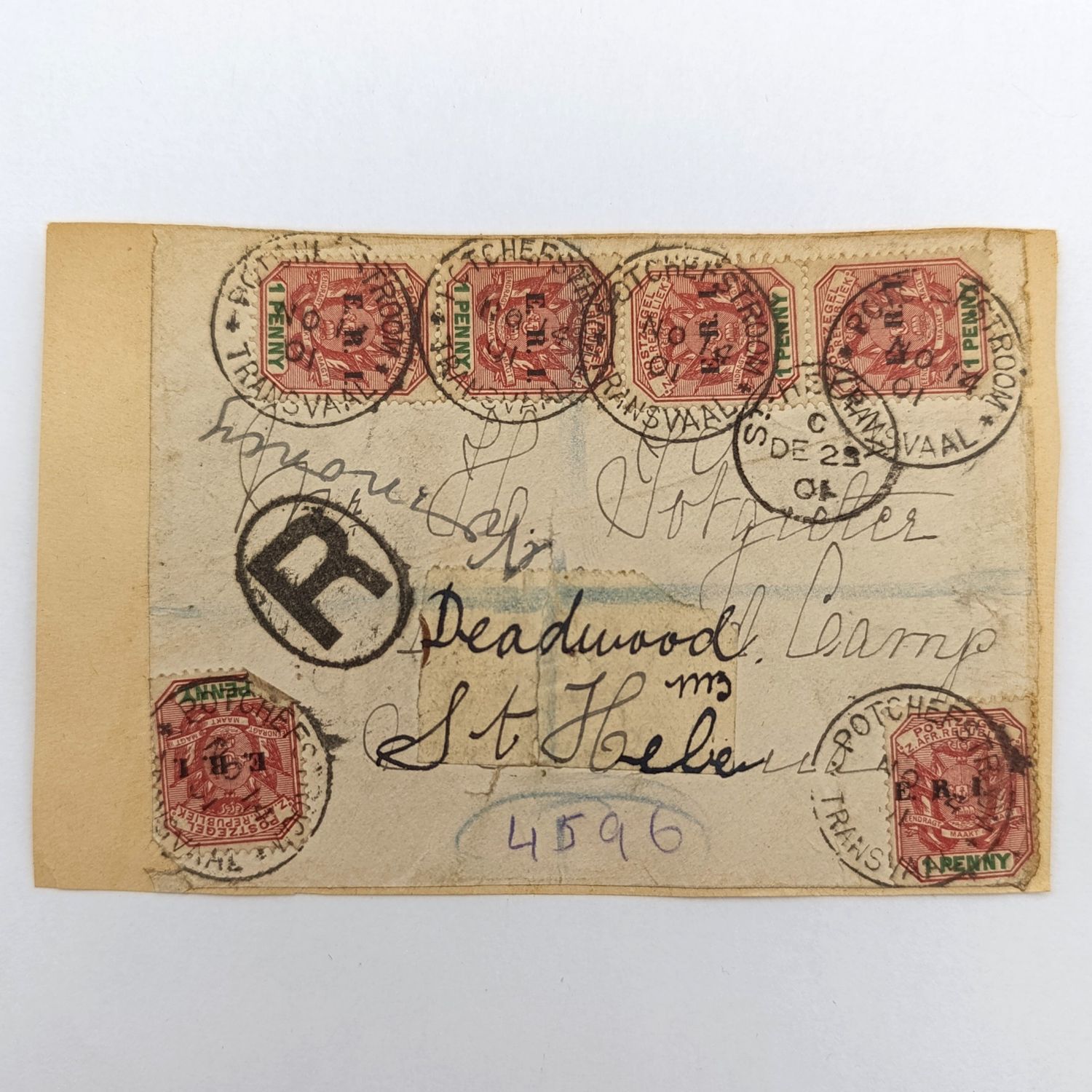 Boer War Postal fronts stuck back back to H Potgieter, Deadwood camp, St Helena from Potchefstroom ZAR with 6 ZAR 1 penny stamps overstamped ERI and registered mark