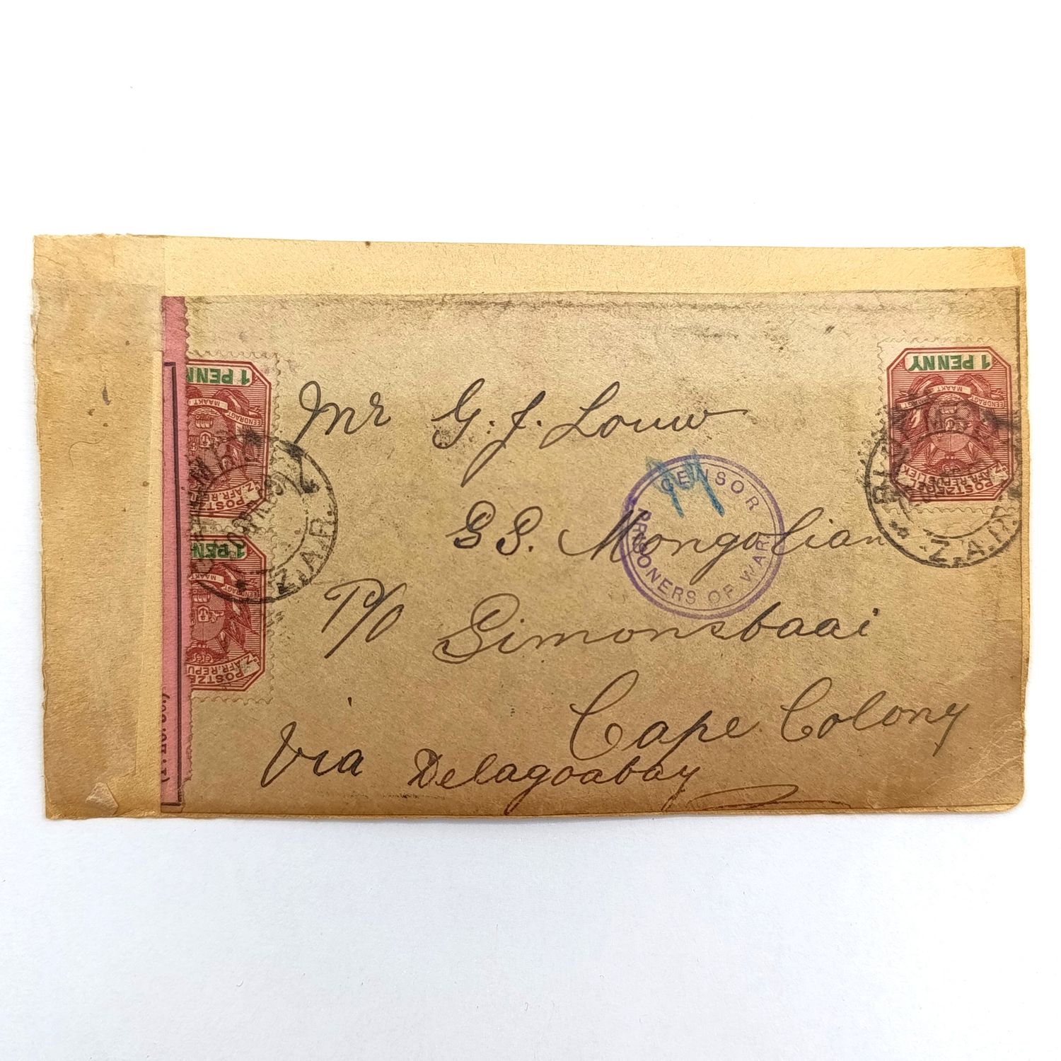 Pair of POW fronts posted back to back Klerksdorp to St Helena addressed to Magiel A van Wyk - Passed censor rubber stamp dated 8 Sept 1901 - 3 ZAR stamps Addressed to GJ louw, 55 Mongolia, Simonsbaai