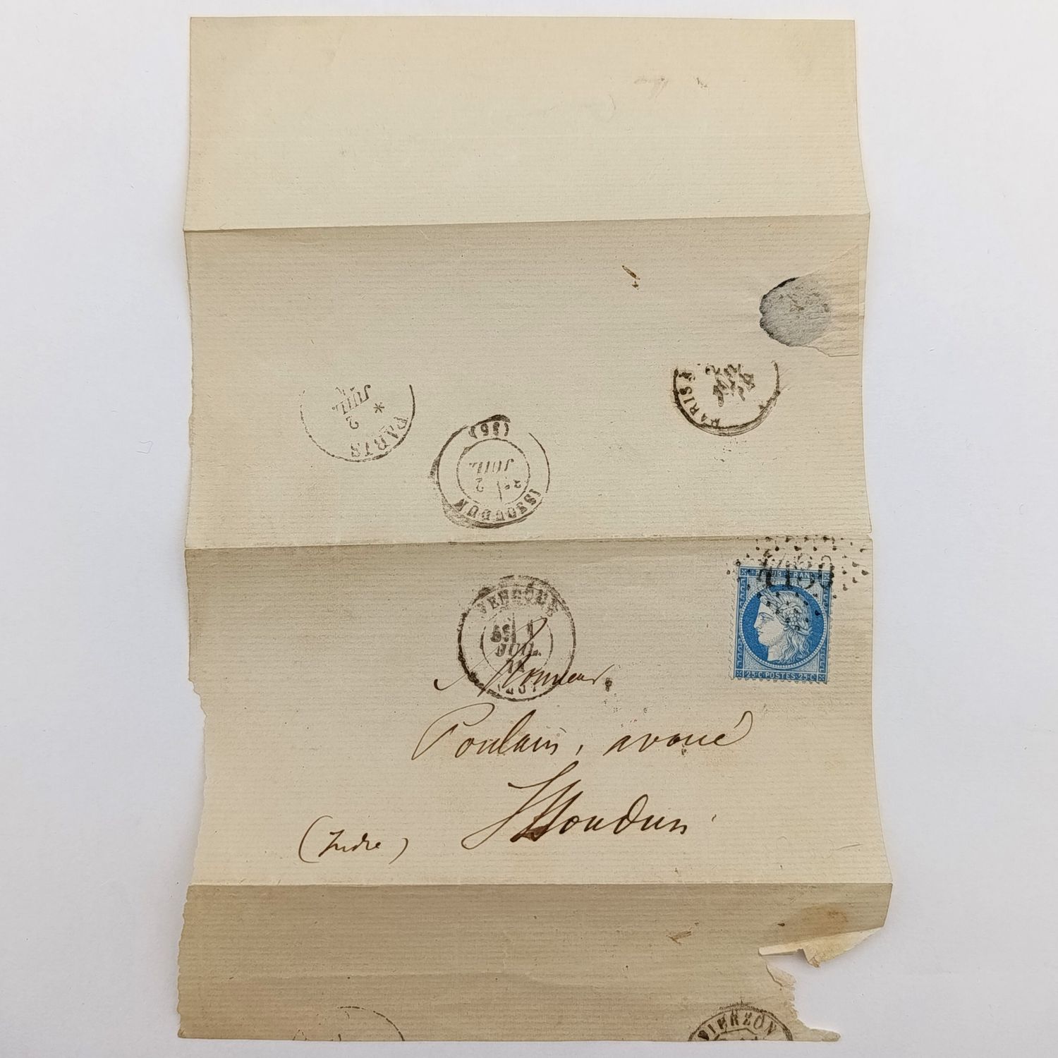 Postal History 1874 wrapper with French 25c stamp to Coulain, Ivory - received date at back is 1864 - Paris and Issogoun cancellations stamp in excellent condition