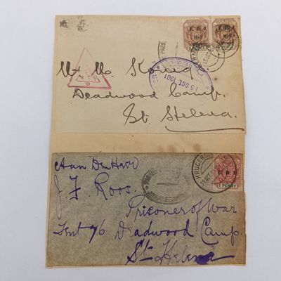 Lot of 3 Boer War POW Fronts stuck back to back and addressed to POW&#39;S of Deadwood camp, St Helena 1901 to Koning from Germiston JF Roos from Krugersdorp and GJ Anderson from Johannesburg