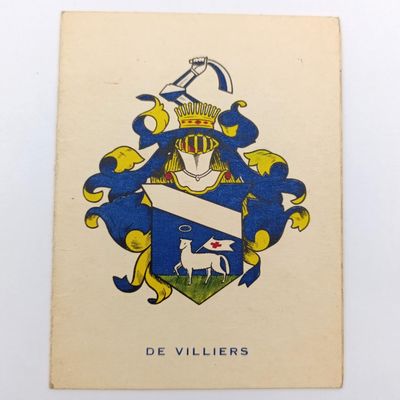 Getik en geskrewe stuk oor die De Villiers familie se oorsprong in Suid Afrika - 28- 11-1940 op n kaartjie met De Villiers familiewapen