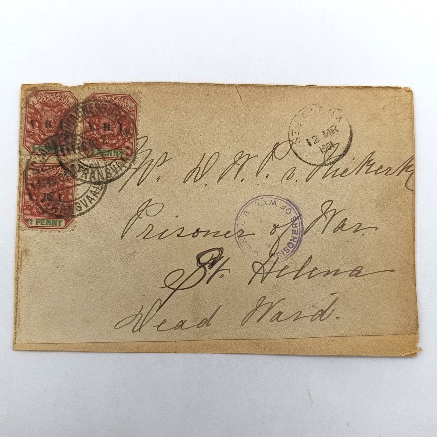 Boer War POW fronts stuck back to back registered with 7 ZAR stamp - one pre printed on card to JT Martins - inscribed no money P O War Deadwood Camp, St Helena - many other notes