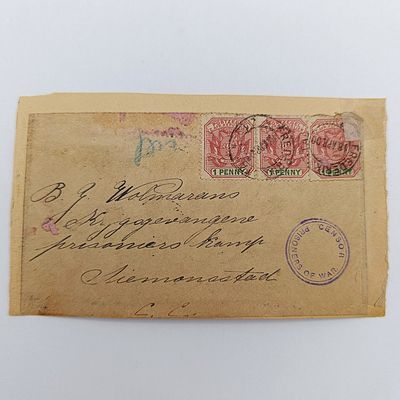 Pair of Boer War POW fronts stuck back to back - Pretoria to Deadwood camp, St Helena addressed to John C du Plessis 1 penny ZAR stamp cancelled 27 Oct 1901 and passed by Censor rubber stamp front add