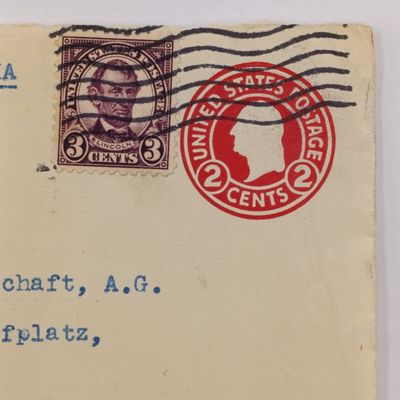 1927 Postal Front Madison Square New York to St Gall Switzerland on uprated envelope 2 cents plus 3 cents cancelled 23 May 1927 and carried on the 55 Mauretania
