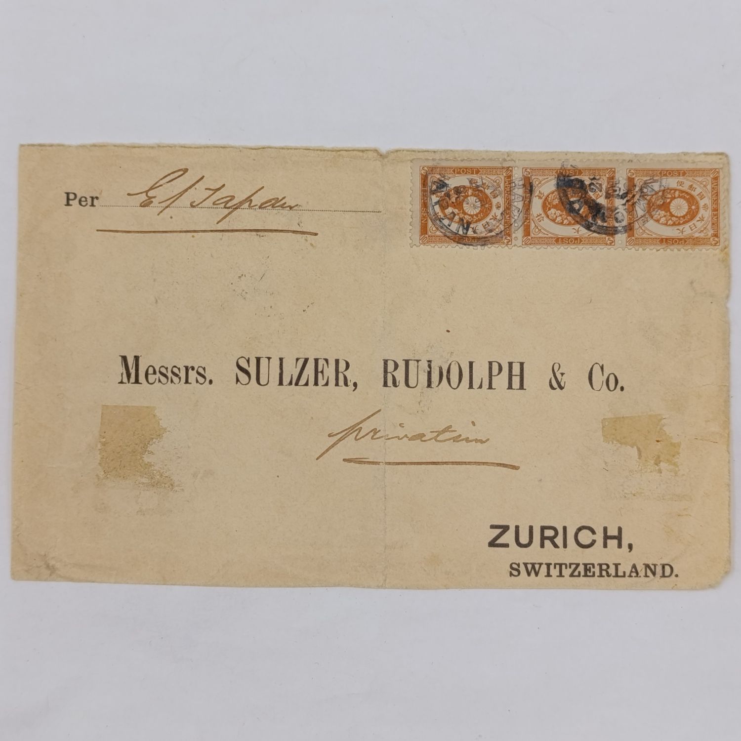 Postal Front posted Yokohama, Japan to Zurich, Switzerland with 3 Japanese 10 Sen stamps cancelled 28 July 1890