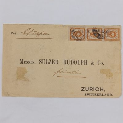 Postal Front posted Yokohama, Japan to Zurich, Switzerland with 3 Japanese 10 Sen stamps cancelled 28 July 1890