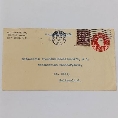 1927 Postal Front Madison Square New York to St Gall Switzerland on uprated envelope 2 cents plus 3 cents cancelled 23 May 1927 and carried on the 55 Mauretania
