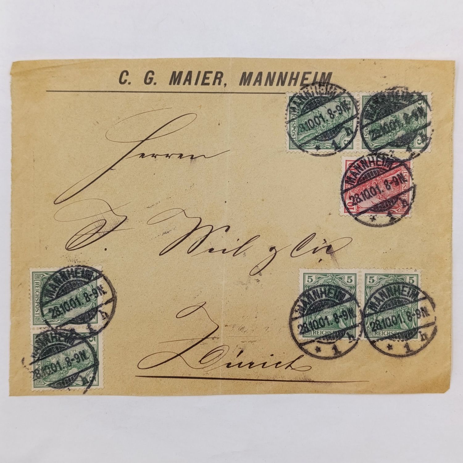 Postal Front Mannheim, German Reich to Zurich, Switzerland posted 28/10/1901 with 7 German Reich stamps and very clear cancellations