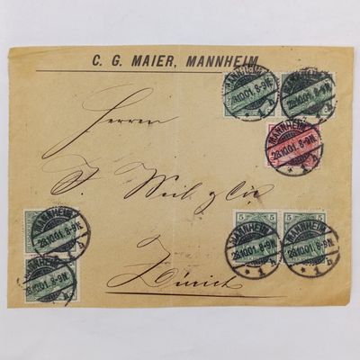 Postal Front Mannheim, German Reich to Zurich, Switzerland posted 28/10/1901 with 7 German Reich stamps and very clear cancellations