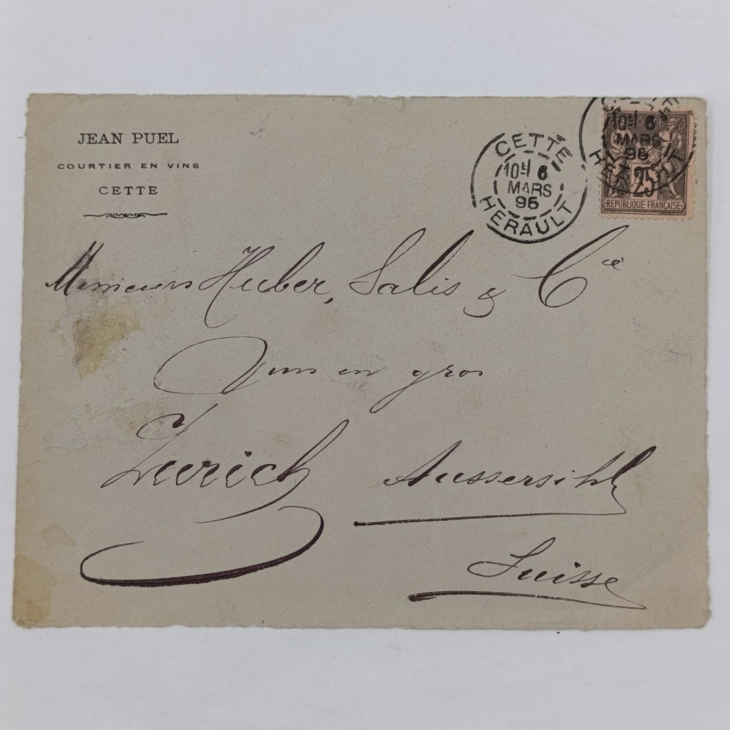 Postal Front posted from Cette Herault France on 6 March 1896 to Zurich, Swiss Canton - with 25c French stamps