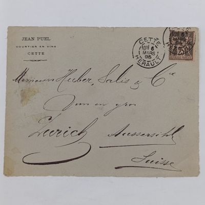 Postal Front posted from Cette Herault France on 6 March 1896 to Zurich, Swiss Canton - with 25c French stamps