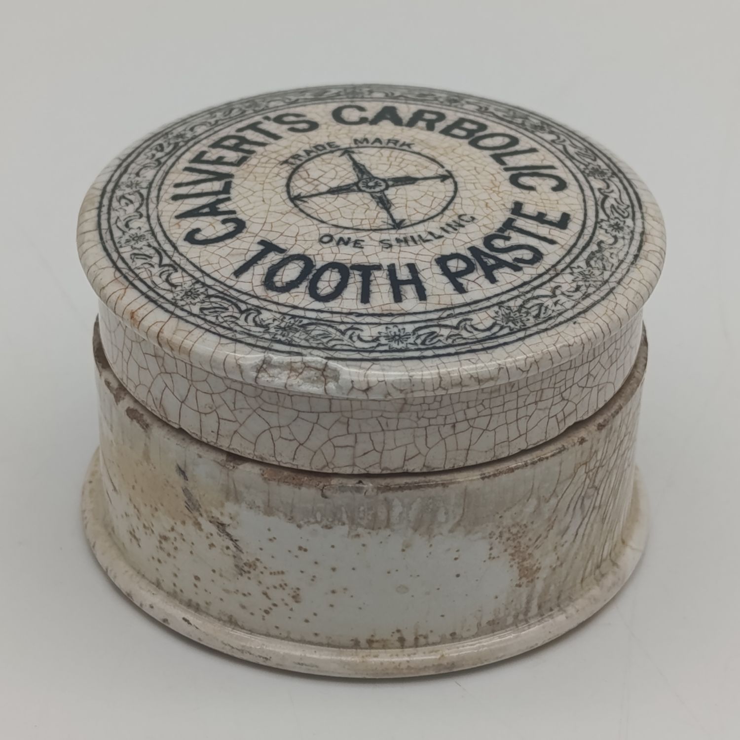 Antique Calvert&#39;s Carbolic Tooth paste ceramic lid with base