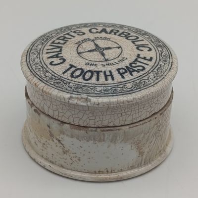 Antique Calvert&#39;s Carbolic Tooth paste ceramic lid with base