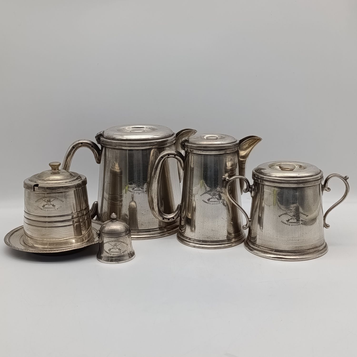Set of 5  SADF command officers mess Voortrekkerhoogte silverplated pieces - coffee pot, milk jug, sugar bowl, sugar cube holder &amp; salt cellar