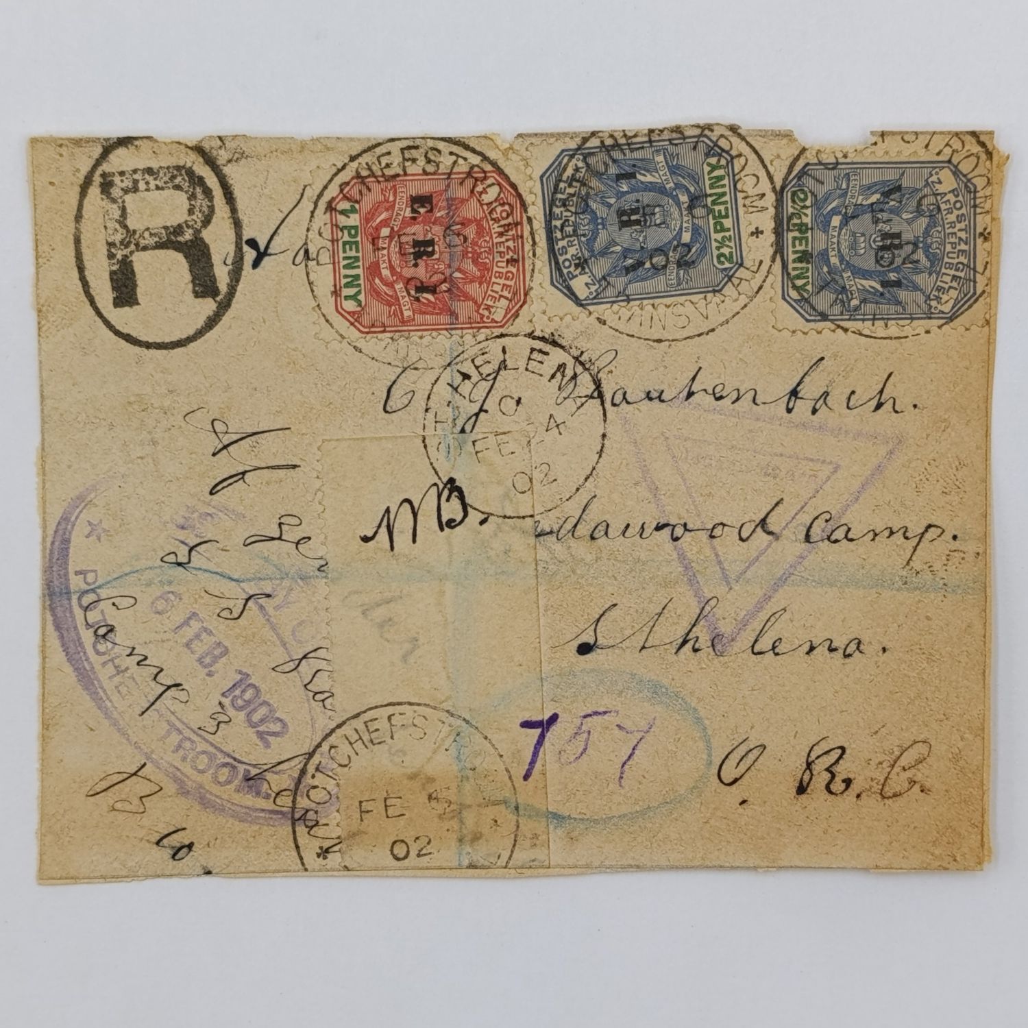 Boer War POW Front registered from Potchefstroom ZAR to CJ Rautenbach Deadwood camp St Helena 1902 posted on card