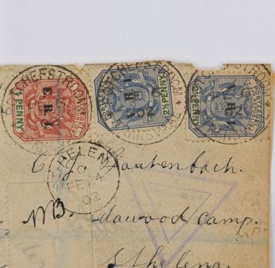 Boer War POW Front registered from Potchefstroom ZAR to CJ Rautenbach Deadwood camp St Helena 1902 posted on card