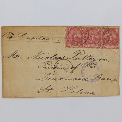 Boer War POW pair of fronts stuck back to back one side Cape of Good Hope to Nicolaas Putter Deadwood Camp St Helena 1901 other side to CJH Swanepoel Deadwood Camp St Helena 1901