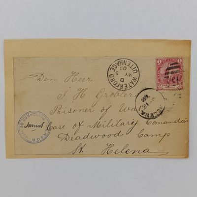Boer War POW Fronts stuck back to back - one side Secretary of General Cronje, Deadwood Camp, St Helena from Stellenbosch 1901 Other side to JH Grobler, Deadwood Camp , St Helena From Uitenhage 1900