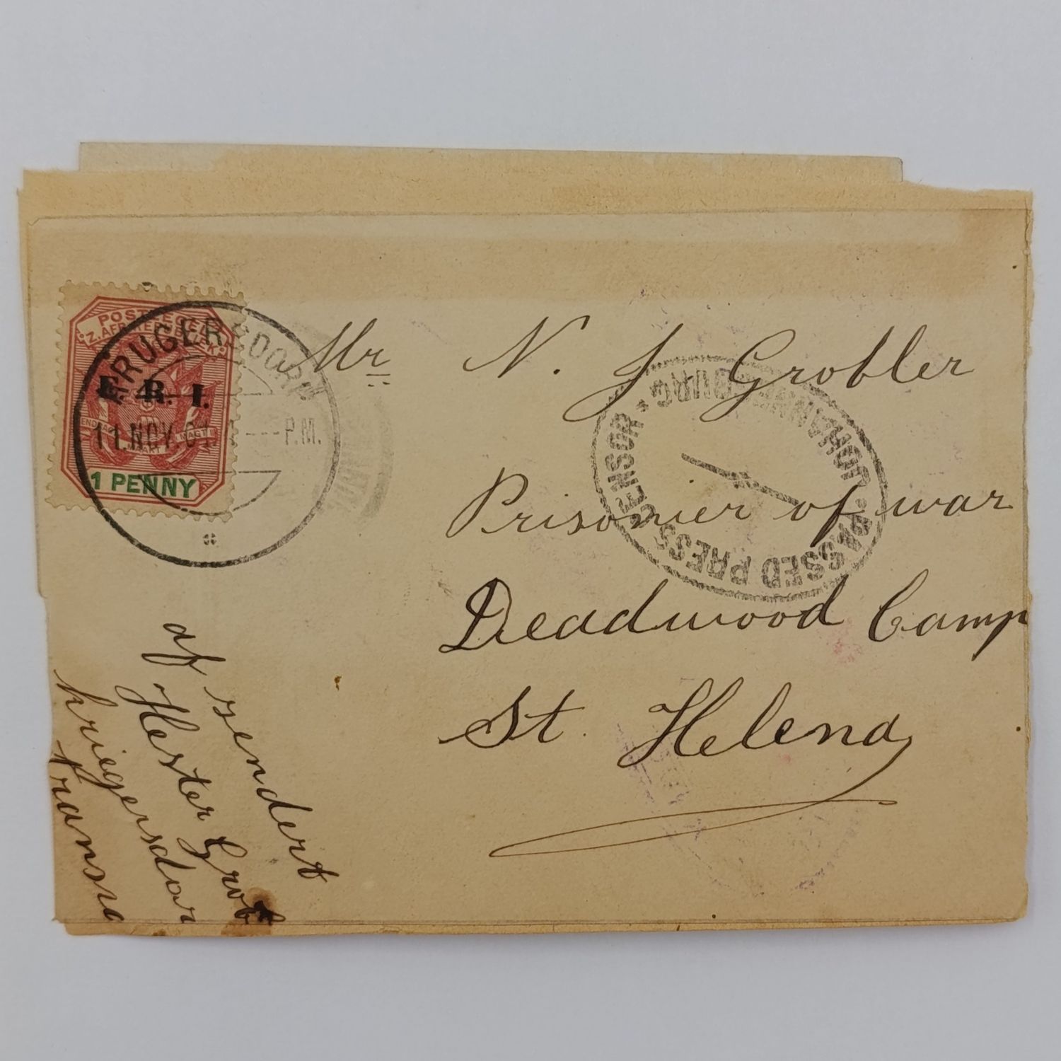 Boer War POW Front posted 1901 Krugersdorp ZAR to NJ Grobler Deadwood Camp, St Helena - at the back a photo of DS Louw busy with church service St Helena