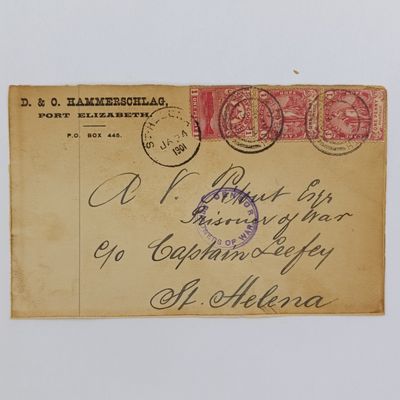 Boer War POW pair of fronts stuck back to back one side to AU Pitout , St Helena 1901 from Port Elizabeth other side from Hopefield, Cape of Good Hope to Gorg Thuymsma Greenpoint