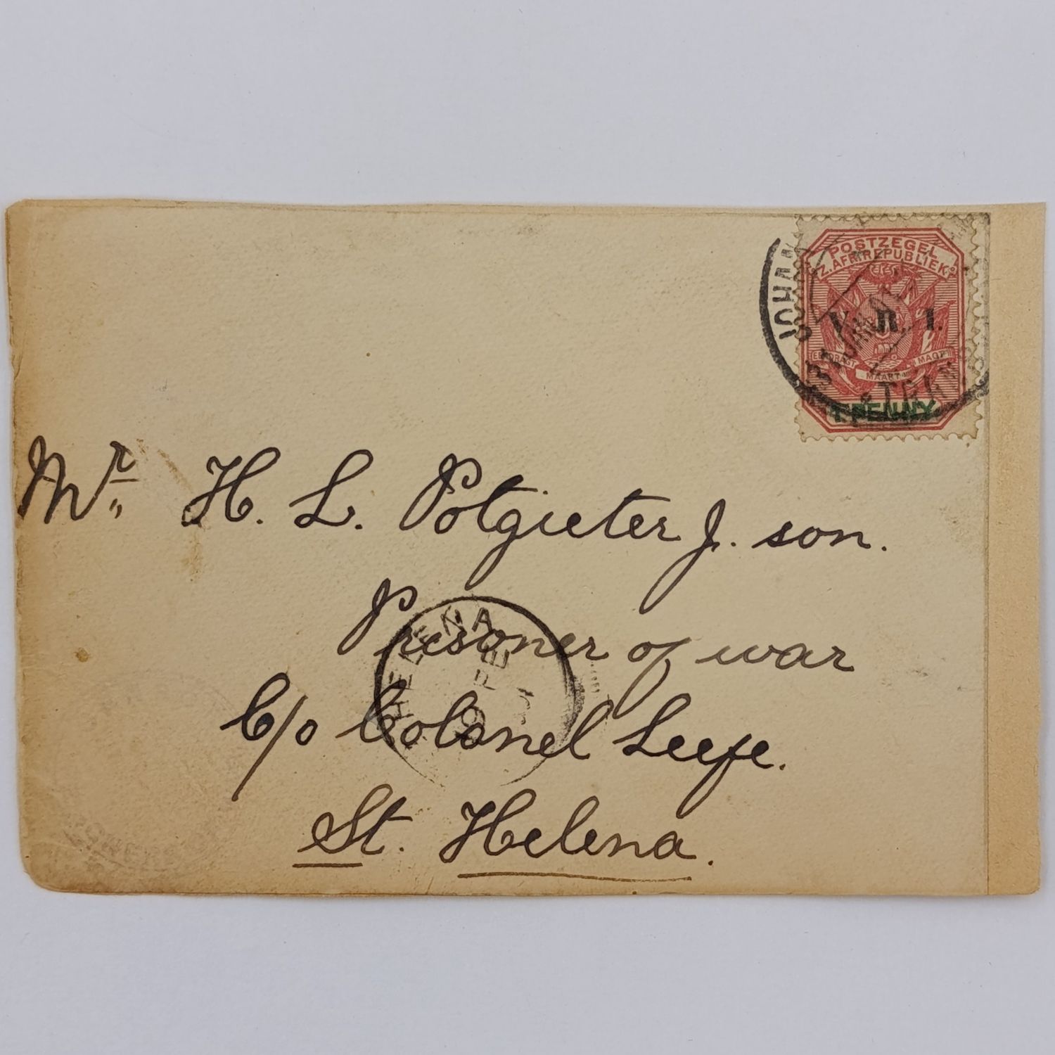 Pair of Boer War POW Fronts stuck back to back one side Johannesburg, ZAR to HL Potgieter St Helena 1901 other side Potchefstroom ZAR to DJ Bosman Deadwood Camp St Helena 1901