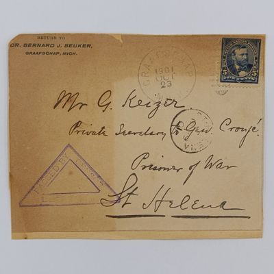 1901 Boer War POW Fronts stuck to card posted GRAAFSCHAP USA to G Keizer private secretary to General Cronje - St Helena 1901 - photo of Napoleon at the back
