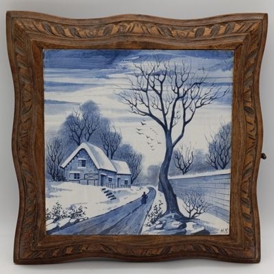 Vintage wooden trivet music box with blue and white hand painted tile