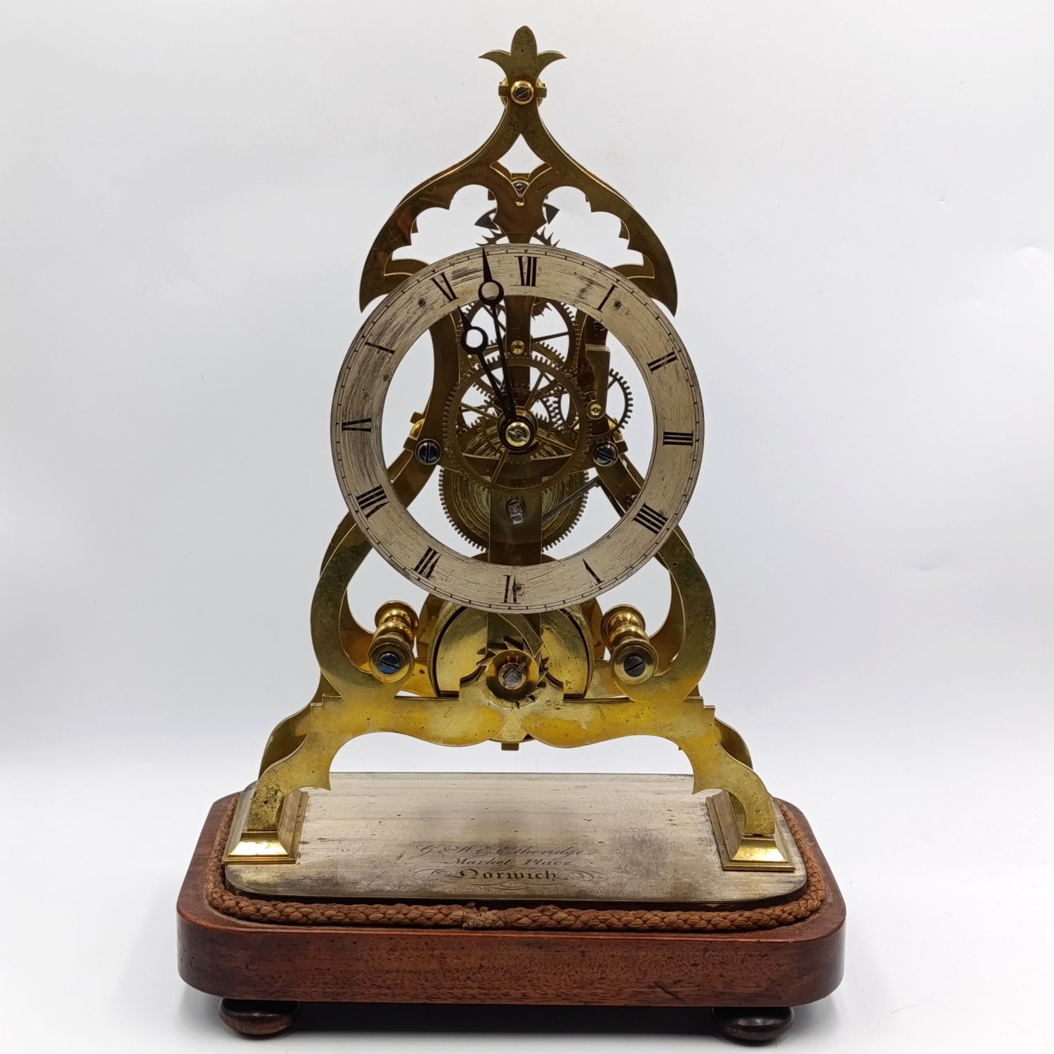 Antique G&amp;WE Etheridge brass skeleton clock - runs and stops